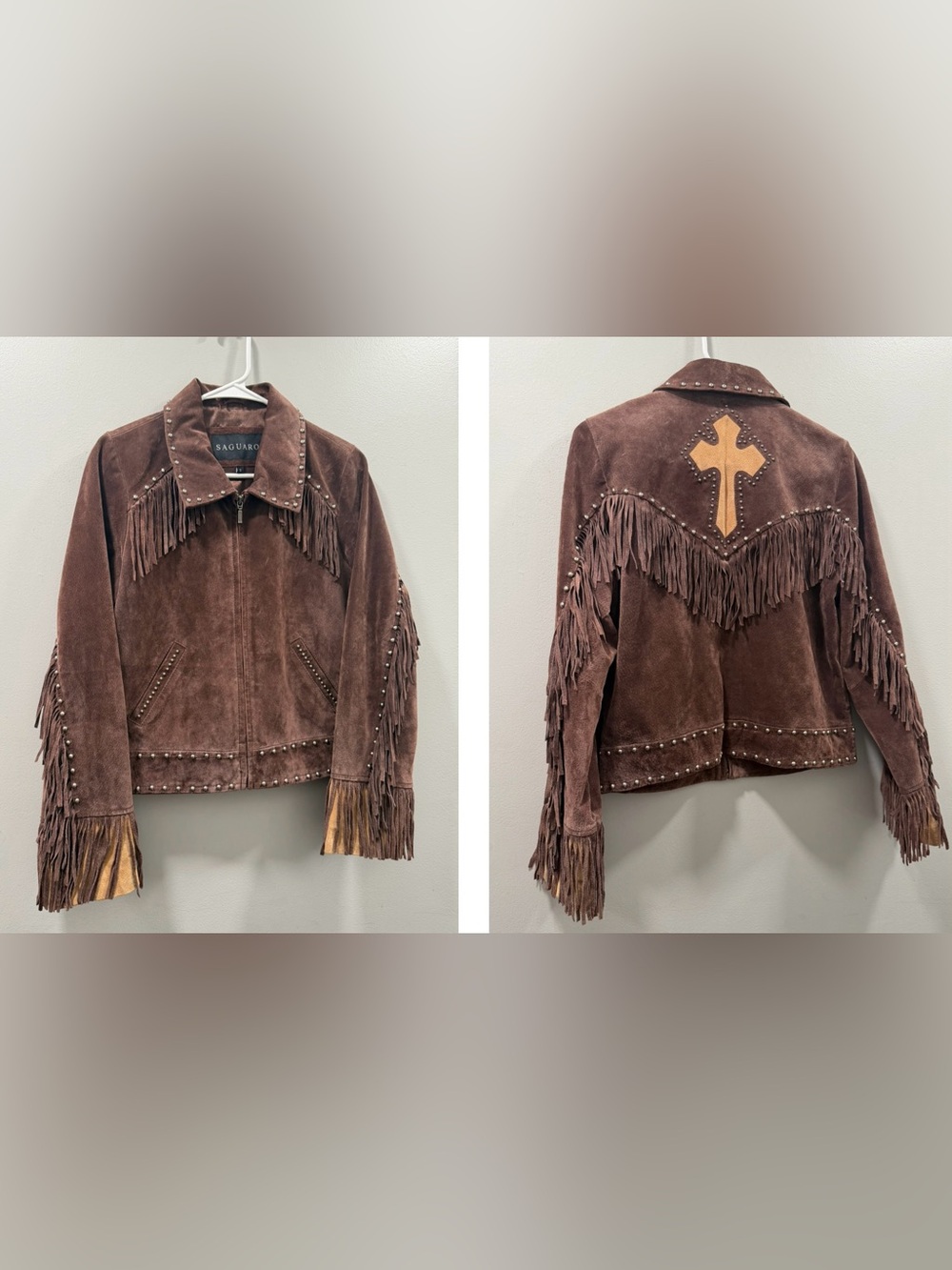 Saguaro genuine leather fringe studded suede jacket size S brown cross